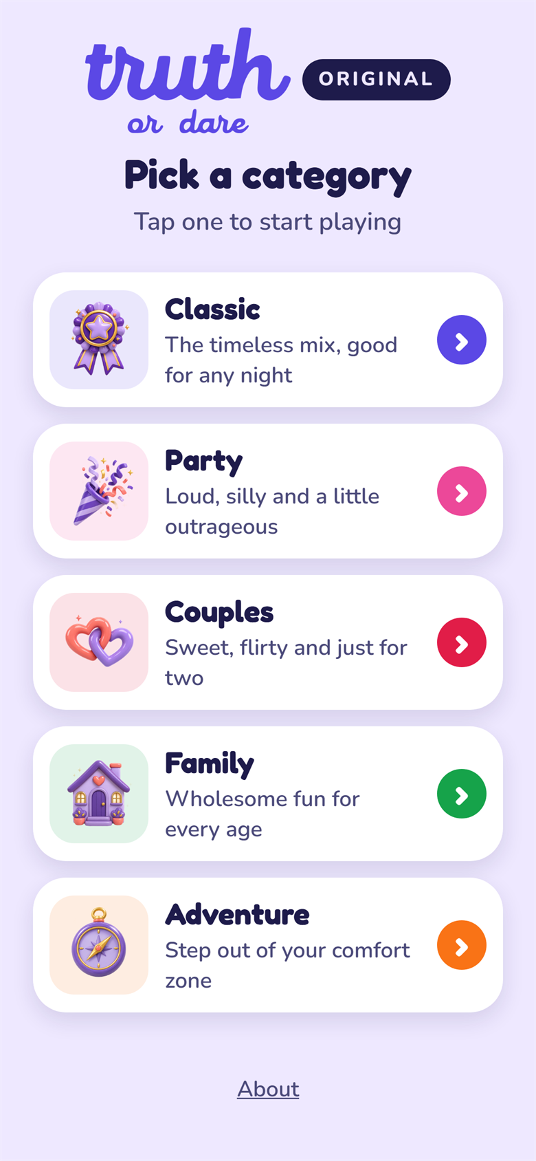 The Truth or Dare app showing its five categories